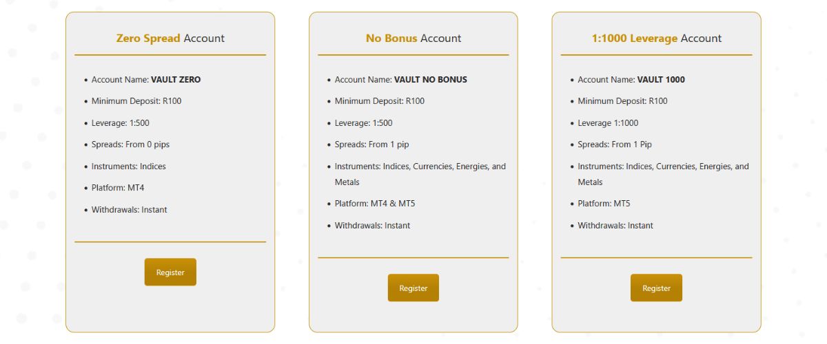 Some of the Account Types on Vault Markets